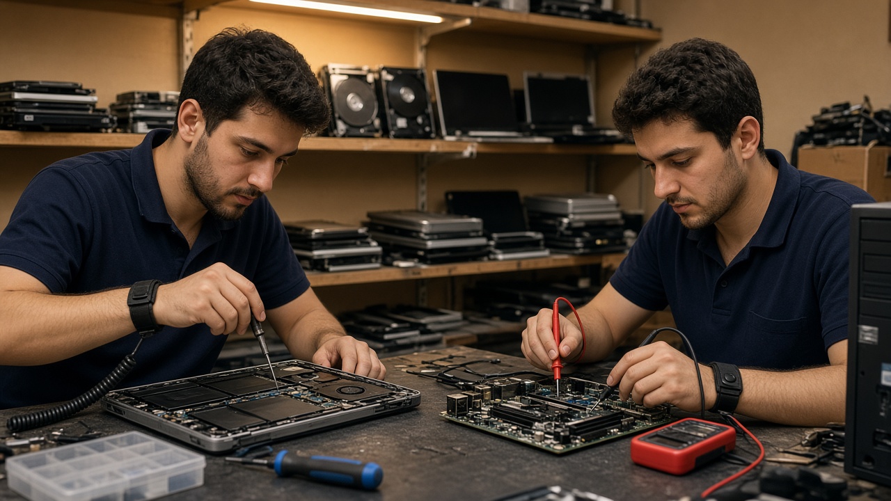 Disket Bilgisayar teknisyenleri servis tezgâhında laptop ve anakart onarırken
