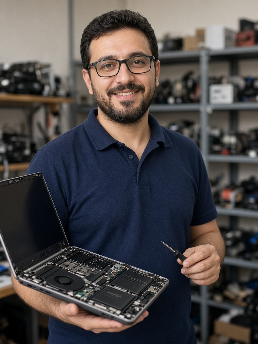Disket Bilgisayar teknisyeni açık laptop ve tornavidayla